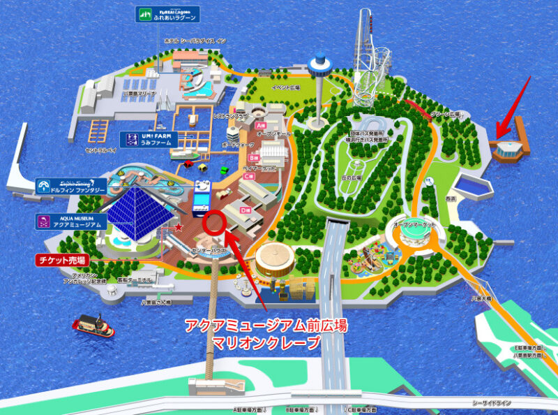 横浜八景島シーパラダイスの全体図：マリオンクレープのある建物を表示